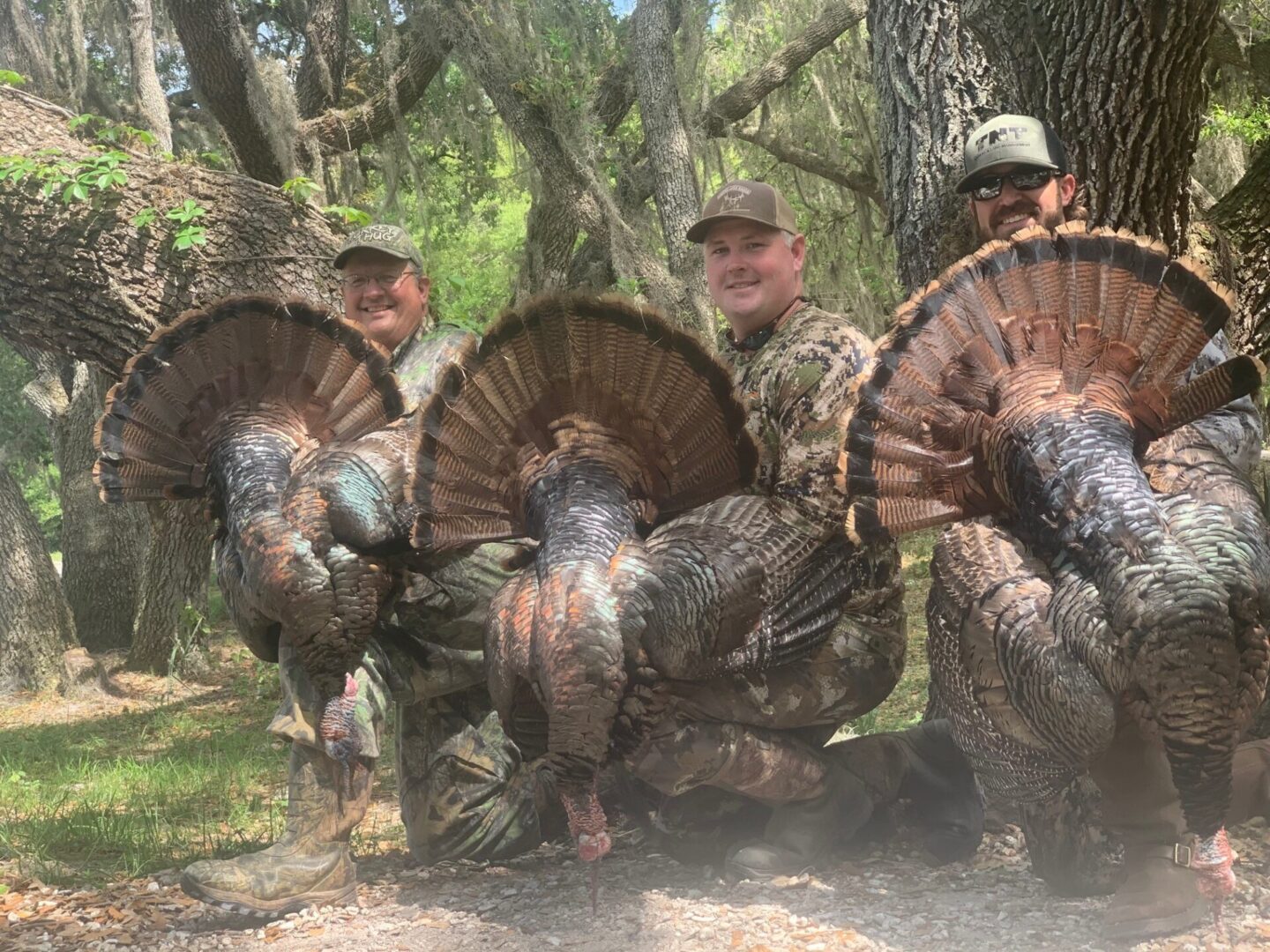 three men posing with turkeys they caught